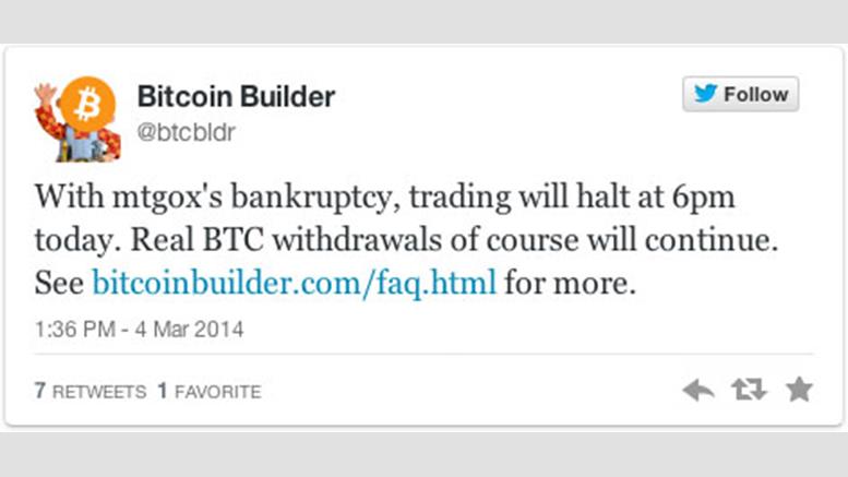 'GOXBTC' Trading Platform Bitcoin Builder to Halt Trading Tuesday Evening