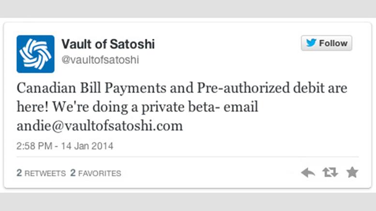 Vault of Satoshi Exchange Introduces In-Beta Bill Payments and Pre-Authorized Debit