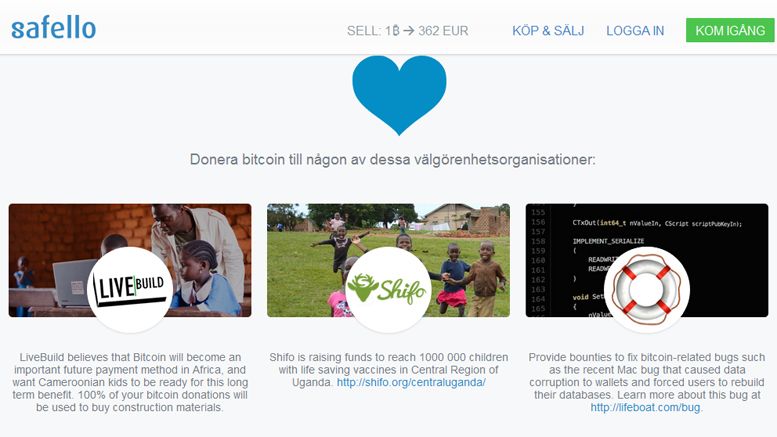 Safello Launches Bitcoin Donation Pages With Charity Organisations Livebuild, Shifo And The Lifeboat Foundation