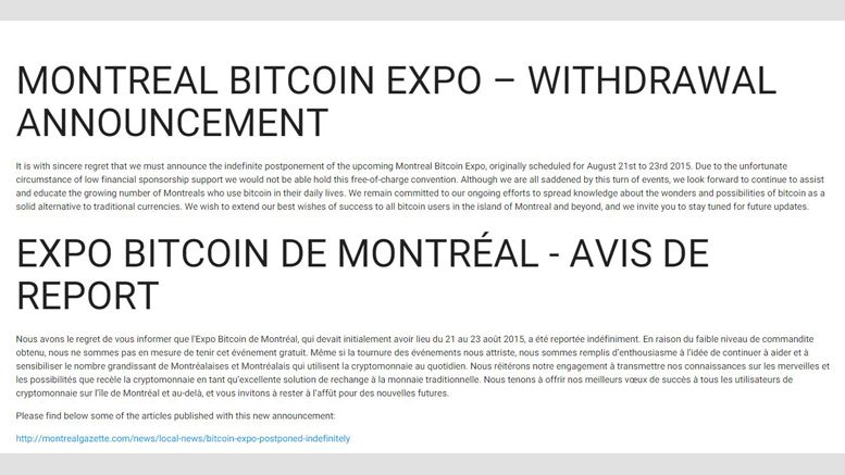 Lack of Sponsors Leads Montreal's Bitcoin Expo to Be Postponed